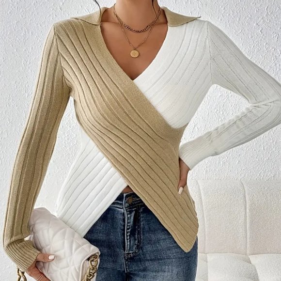 Tops - Color Block Cross Front Rib Knit Sweater, Casual V Neck Long Sleeve Slim Sweater